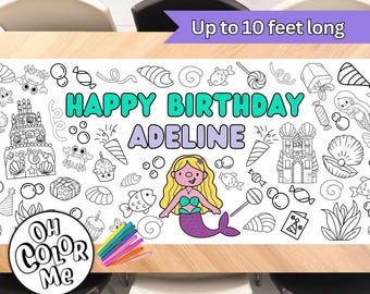 Mermaid Birthday Party Giant Coloring Banner Poster Paper Table Runner Birthday Party Personalized Coloring Table Runner Paper Tablecloth