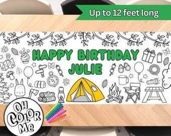 Camping Party Birthday Coloring Banner One Happy Camper Party Giant Coloring Poster Birthday Party Personalized Coloring Paper