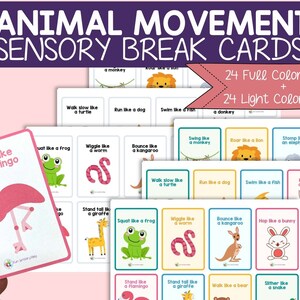 May include: A set of 48 colorful cards featuring animal movement prompts. The cards are divided into two sets: 24 full color cards and 24 light color cards. Each card features an animal and a movement instruction, such as "Stand like a flamingo" or "Wiggle like a worm".