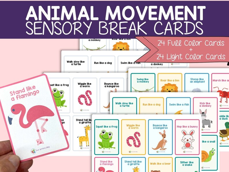 May include: A set of 48 colorful cards featuring animal movement prompts. The cards are divided into two sets: 24 full color cards and 24 light color cards. Each card features an animal and a movement instruction, such as "Stand like a flamingo" or "Wiggle like a worm".