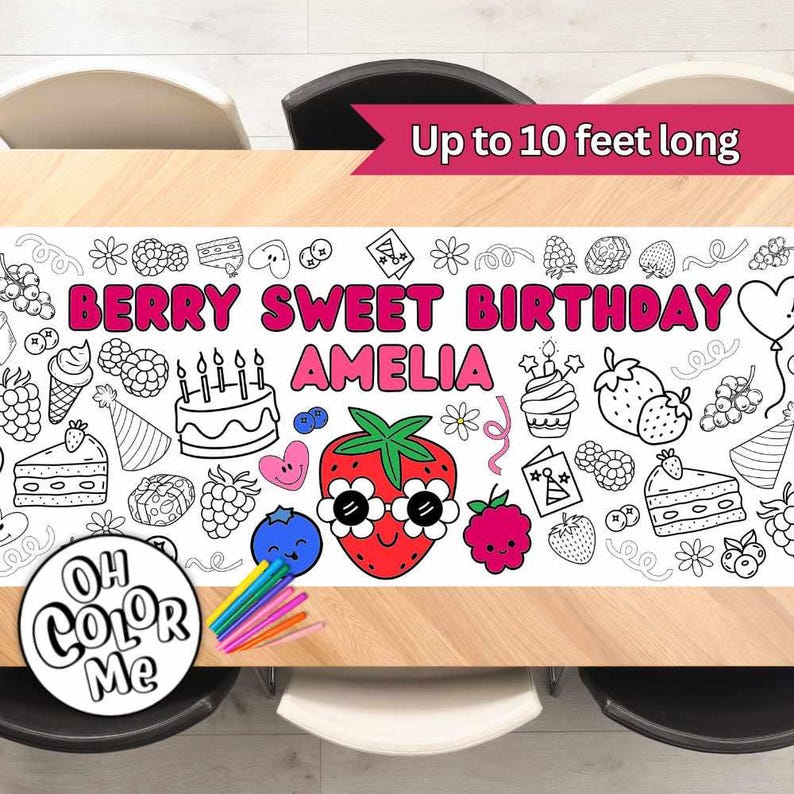 May include: A white table cover with a black and white illustration of a strawberry, cake, and other berry-themed designs. The text "Berry Sweet Birthday Amelia" is printed in pink. The table cover is up to 10 feet long and is designed to be colored in.
