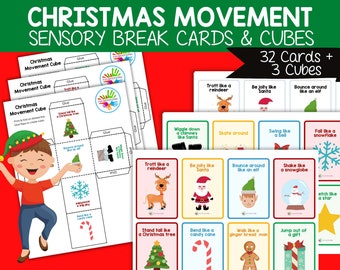 Kerst bewegingskaarten, bewegingskubus, sensorische lichaamsbreuk, zelfregulering, hulpmiddelen voor klasregulering, actiekaarten, cirkeltijd