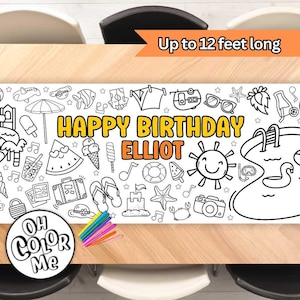 Summer Party Birthday Coloring Banner Summer Pool Party Decor Colouring Table Runner Decoration Personalized Coloring Birthday Party
