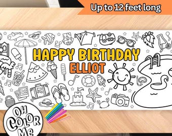 Summer Party Birthday Coloring Banner Summer Pool Party Decor Colouring Table Runner Decoration Personalized Coloring Birthday Party