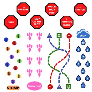 May include: A colorful game board with instructions for a physical activity game. The board includes images of footprints, ants, raindrops, and a cloud. The instructions include "Jump on the Spot 5x", "Touch Your Toes", "1-2-3 Breathe", "Spin", "Stomp", "Bunny Hop", "3 Jumping Jacks", and "Count to 5 & Stretch".