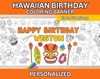 Op de afbeelding: Een zwart-witte kleurbanner met een Hawaïaans thema. Het staat "Happy Birthday Weston" en bevat afbeeldingen van bloemen, ananas, een tiki-masker en een surfboard. De banner is maximaal 1,8 meter lang.
