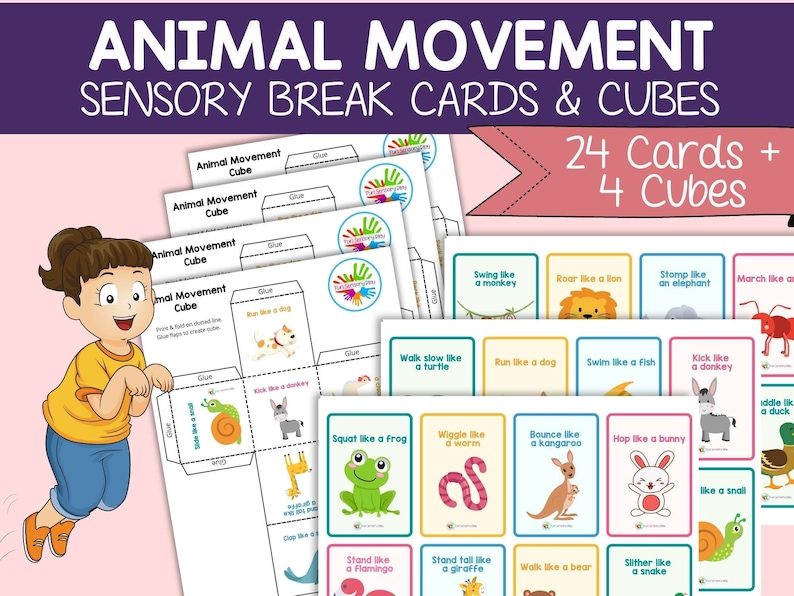 May include: A set of 24 colorful cards and 4 printable animal movement cubes. Each card features an animal and an action, such as "Run like a dog" or "Wiggle like a worm". The cubes are designed to be cut out, folded, and glued together.