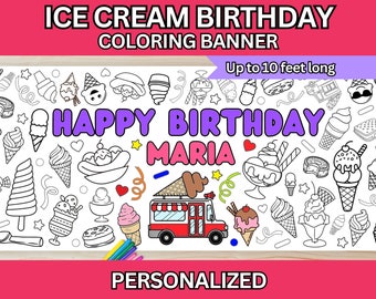 Op de afbeelding: Een zwart-witte kleurbanner met een ijsje-thema met een ijswagen, hoorntjes, ijsbekers en de tekst "HAPPY BIRTHDAY MARIA". De banner is maximaal 3 meter lang.