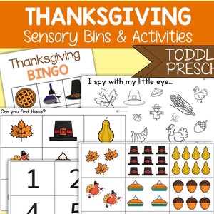 Thanksgiving Activities Sensory Bins, Bingo and I Spy - Toddler, Preschool, PreK,  Sensory Activities for Kids, Thanksgiving Printable