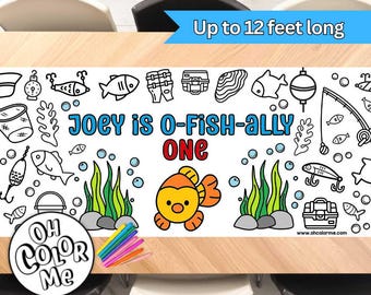 Fishing Birthday Coloring Banner Ohfishall Party Decor Colouring Table Runner Fish Lover Decoration Personalized Coloring Birthday Party