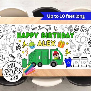 May include: A white table cover with a green garbage truck and the words "Happy Birthday Alex" in black and green. The table cover is designed for coloring with markers or crayons. The cover is up to 10 feet long.
