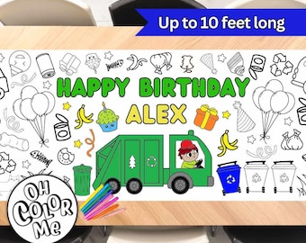 Garbage Truck Trash Bash Birthday Coloring Banner Party Giant Coloring Poster Paper Table Runner Birthday Party Personalized Coloring Paper