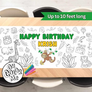 May include: A white table runner with a jungle theme, featuring a monkey, giraffe, tiger, snake, and other animals. The runner is designed for coloring and includes the text "Happy Birthday Krish" and "Oh Color Me".