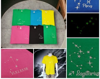 Front Personalised Glow in The Dark Constellation Star Signs Embroidered Roman Numerals Name Unisex T-Shirts