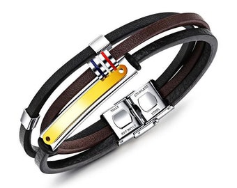 Men Bracelet Leather Stainless Steel Metal Clasp Fashion Bangle Wristband