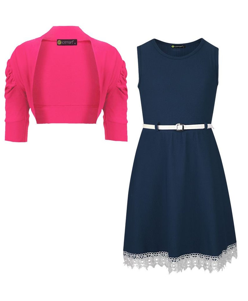 Girls Belted Lace Hem Dress Bundle with Ruched Sleeve Bolero