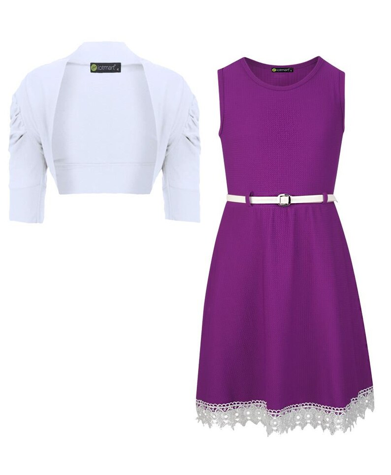 Girls Belted Lace Hem Dress Bundle with Ruched Sleeve Bolero
