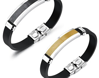 Men Lock Clasp Bracelet Silicon Cable Stainless Steel Wristband Fashion Bangle