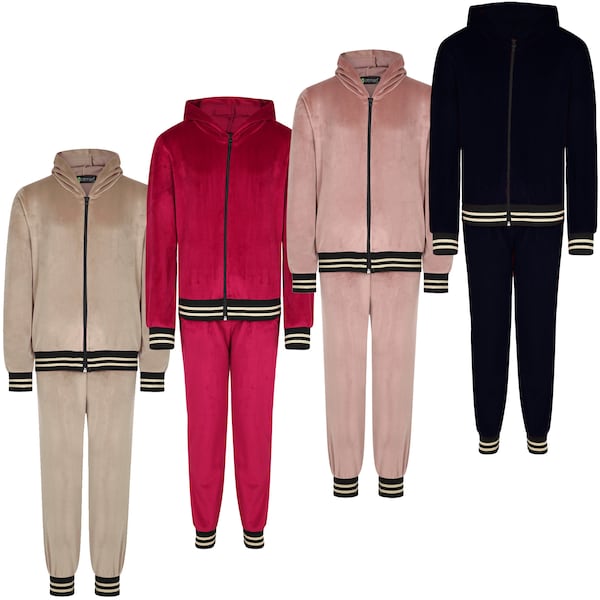 Girls Velour Tracksuit Stripe Cuffs Hooded Top Jogging Bottoms