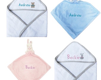 Personalised Embroidered Name and Bunny/Bear Baby Towel and Comforter with Rattle
