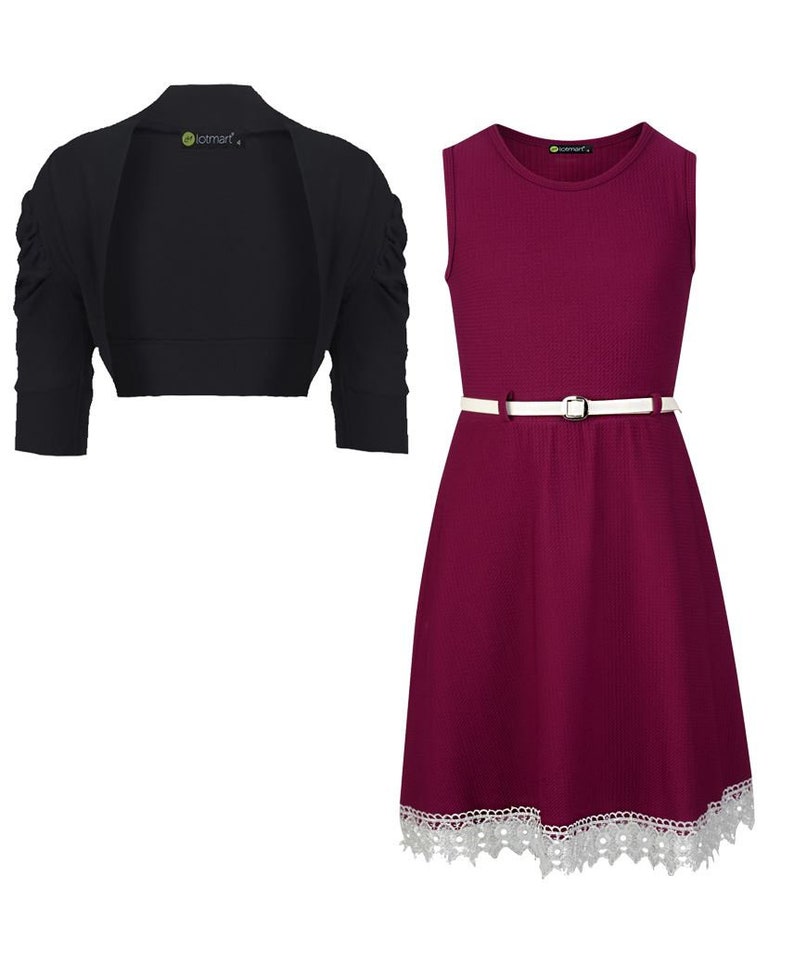 Girls Belted Lace Hem Dress Bundle with Ruched Sleeve Bolero