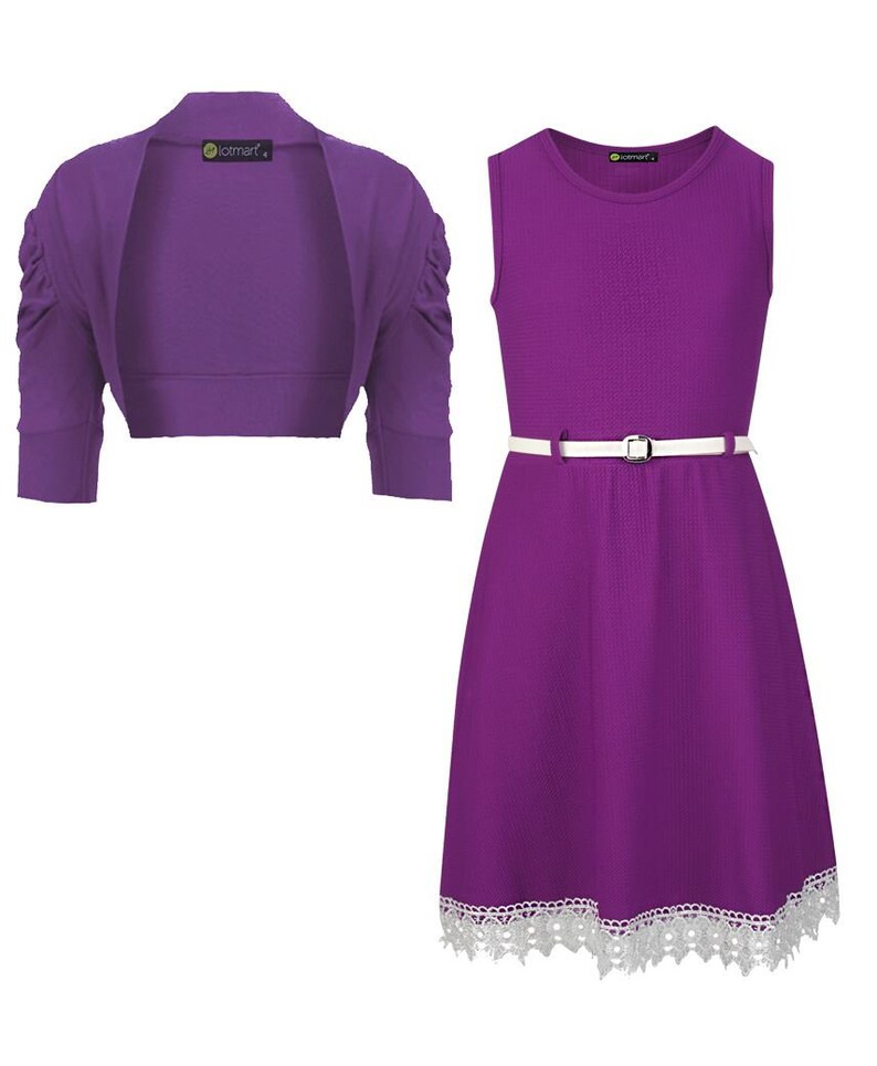Girls Belted Lace Hem Dress Bundle with Ruched Sleeve Bolero