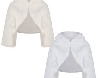 Girls Faux Fur Jacket Three Quarter Sleeve Bridesmaid Tippet Bolero Wrap Hook Shrug
