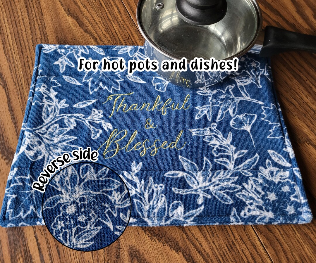 Thankful Blessed Cloth Hot Pad, Handmade Hot Mat Trivet, Reversible Pot