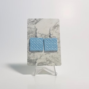Handmade Light Blue Patterned Square Polymer Clay Earrings