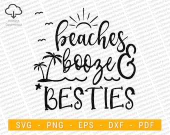 May include: Black and white graphic design with the text "Beaches & Booze & Besties". The design features palm trees, a sun, and wavy lines to represent the ocean.