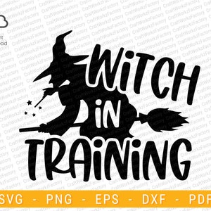 May include: Black and white silhouette of a witch flying on a broomstick with stars and the text "Witch in Training".