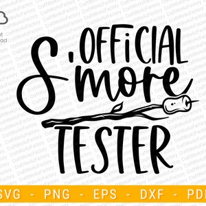 May include: Black and white graphic design with the text "S'more Tester" and a stick with a marshmallow on it.