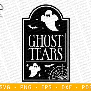 Puede incluir: Un cartel de Halloween en blanco y negro con un fantasma y una telaraña. El cartel dice "Ghost Tears".