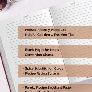 May include: An open recipe journal with lined pages and text overlays listing features: This recipe journal also includes: Freezer-Friendly Meals List, Helpful Cooking & Freezing Tips, Blank Pages for Notes, Conversion Charts, Spice Substitution Guide, Recipe Rating System, Family Recipe Spotlight Page, Kitchen Goals Tracker.