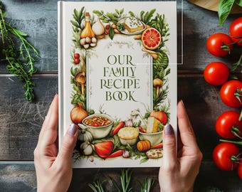 May include: A white cookbook with a green and brown illustration of various foods and vegetables. The text on the cover reads "Our Family Recipe Book".