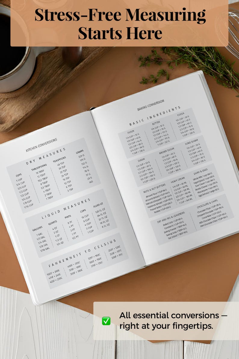 May include: An open reference book titled Stress-Free Measuring Starts Here, featuring printed tables for kitchen conversions, dry and liquid measures, basic ingredient weights, and Fahrenheit to Celsius temperature charts for baking.