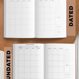 May include: Open monthly planner with dated and undated pages. The dated pages show January 2024 calendar layout. The undated pages have a blank monthly calendar. The text on the cover says "MONTHLY PLANNER PAGES".