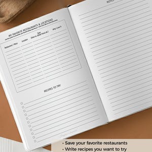 May include: An open notebook with white pages featuring printed sections titled Never Forget a Great Recipe Again, My Favorite Restaurants & Locations, Recipes to Try, and Notes. The layout includes lined spaces, checkboxes, and text prompts for food tracking.