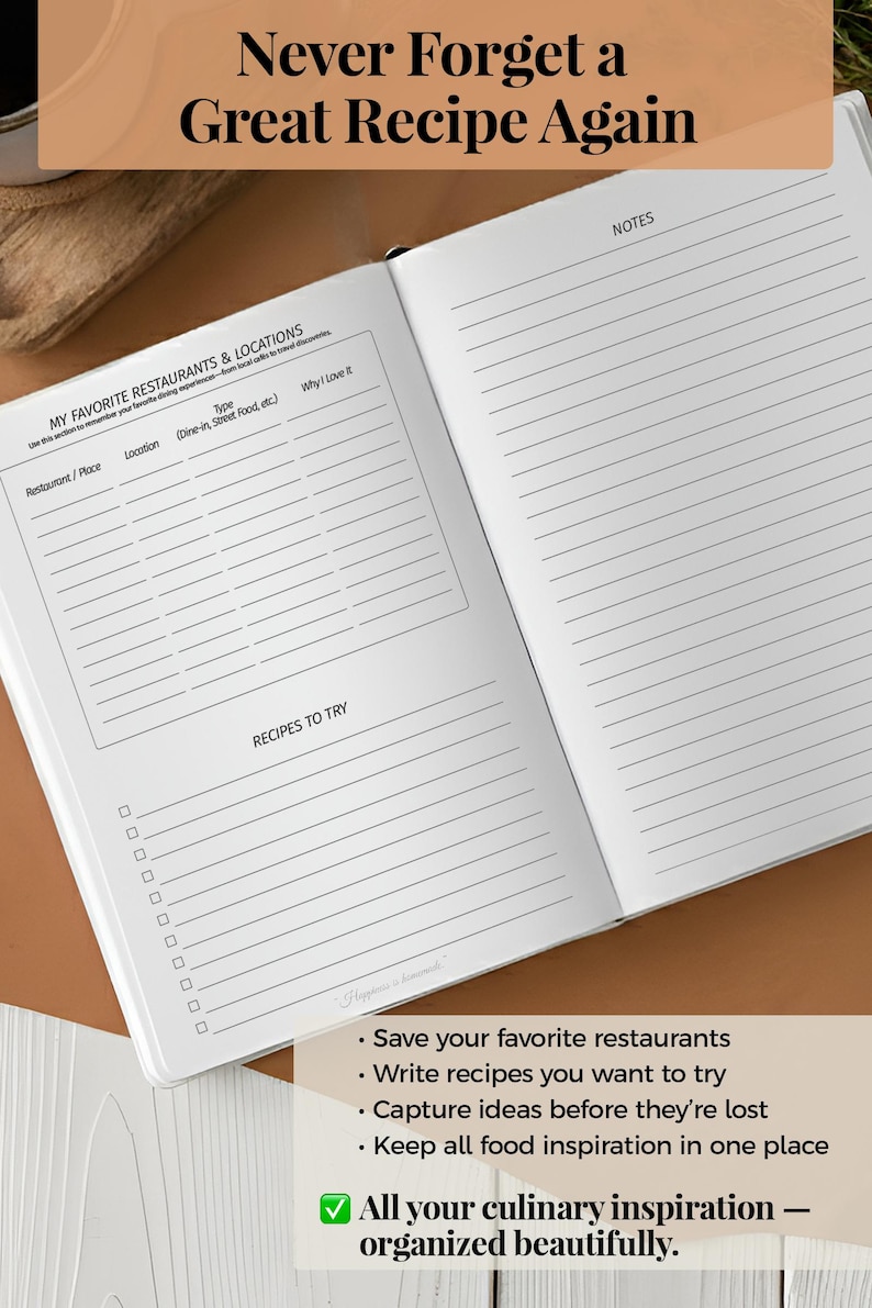 May include: An open notebook with white pages featuring printed sections titled Never Forget a Great Recipe Again, My Favorite Restaurants & Locations, Recipes to Try, and Notes. The layout includes lined spaces, checkboxes, and text prompts for food tracking.