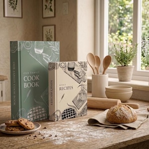 Op de afbeelding: Twee hardcover boeken getiteld Our Family Cook Book en Nina's Recipes, met geïllustreerde voedselmotieven op saliegroene en crèmekleurige covers. De boeken staan op een houten tafel met een brood, een bord koekjes en houten keukengerei.
