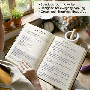 May include: An open recipe journal featuring a double-page layout with printed headings for title, ingredients, notes, and directions. The pages contain handwritten text for a pasta carbonara recipe, including sections for difficulty and cook time.