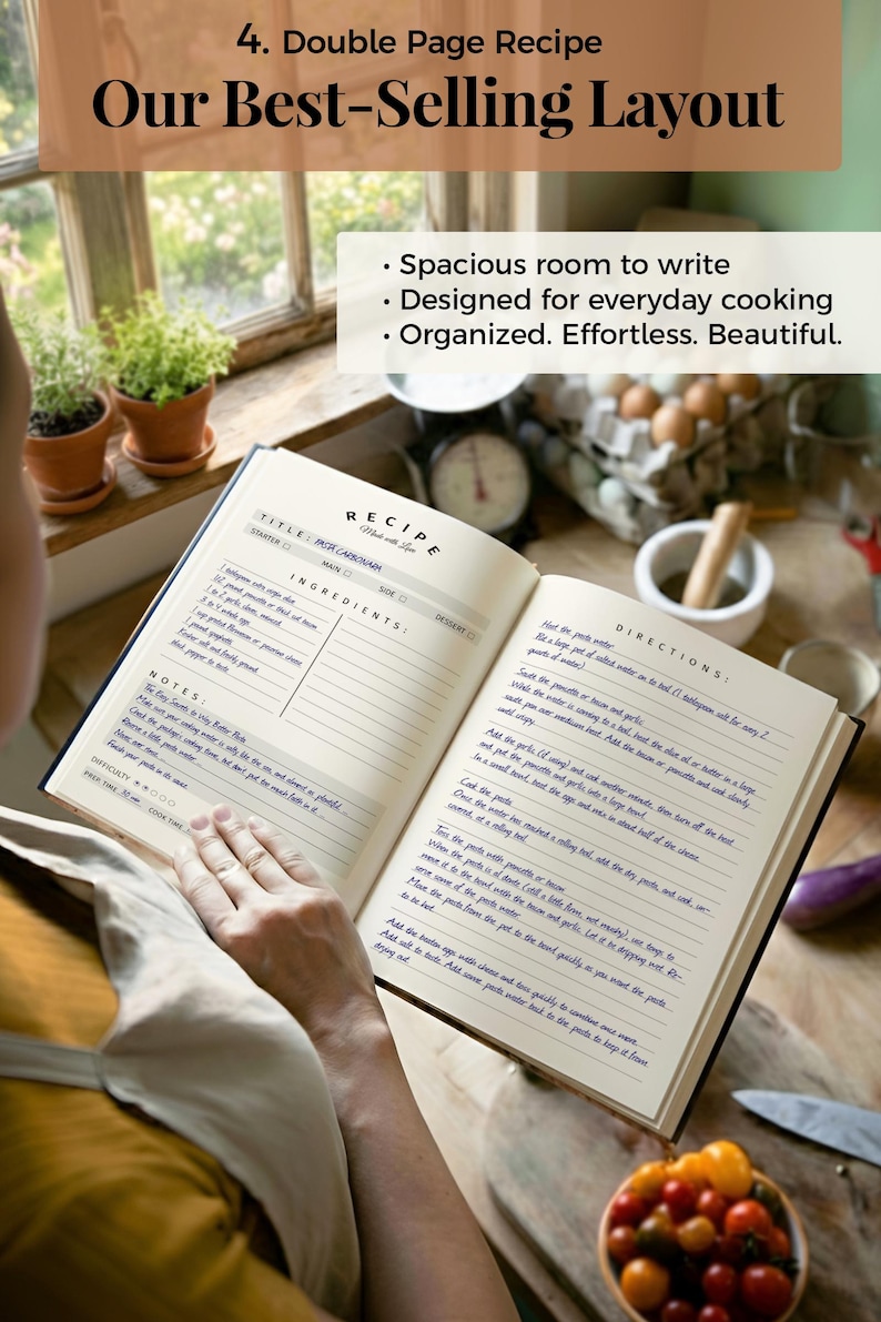 May include: An open recipe journal featuring a double-page layout with printed headings for title, ingredients, notes, and directions. The pages contain handwritten text for a pasta carbonara recipe, including sections for difficulty and cook time.