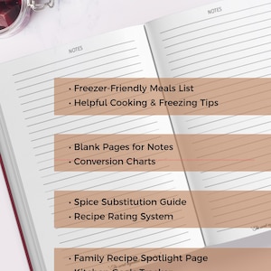May include: An open recipe journal with lined pages and text overlays listing features: Freezer-Friendly Meals List, Helpful Cooking & Freezing Tips, Blank Pages for Notes, Conversion Charts, Spice Substitution Guide, Recipe Rating System, Family Recipe Spotlight Page, and Kitchen Goals Tracker.