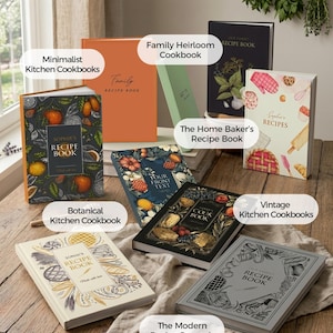 May include: A collection of hardcover recipe books with various cover designs including botanical illustrations, solid orange, and black backgrounds. The books feature text such as 'Family Recipe Book', 'Sophie's Recipe Book', and 'The Home Baker's Recipe Book'.