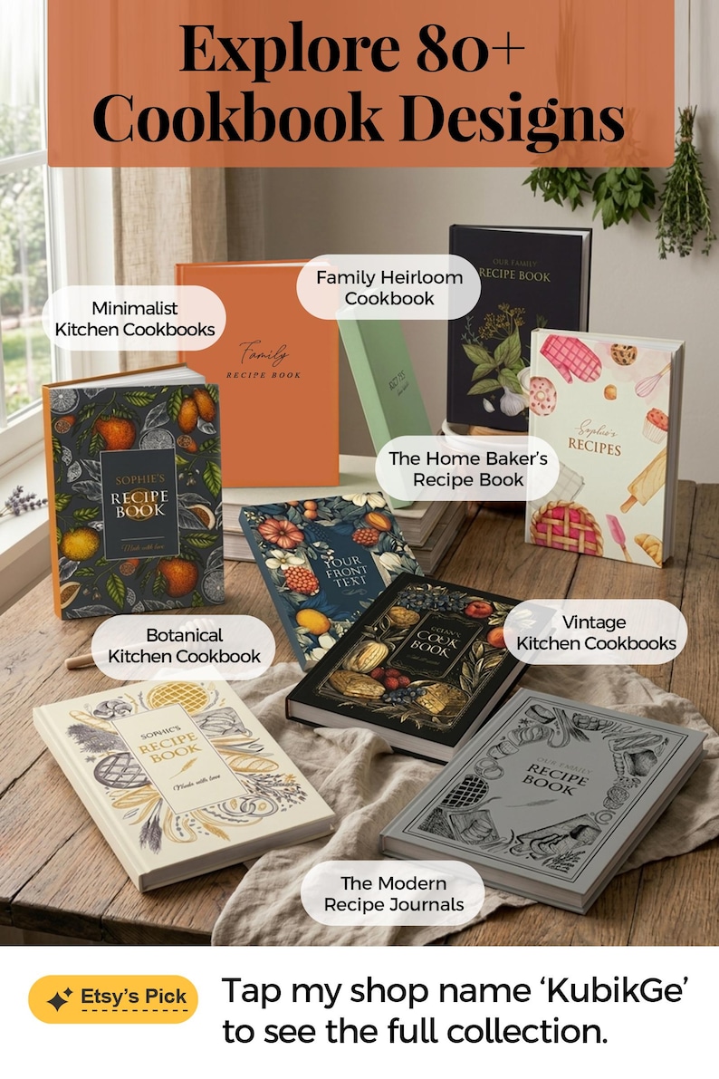 May include: A collection of hardcover recipe books with various cover designs including botanical illustrations, solid orange, and black backgrounds. The books feature text such as 'Family Recipe Book', 'Sophie's Recipe Book', and 'The Home Baker's Recipe Book'.