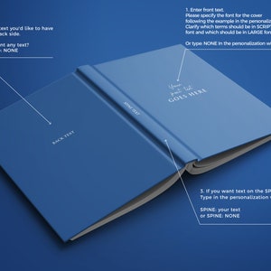 May include: A blue hardcover book mockup displayed open to show the front cover, back cover, and spine. The image includes instructional text for personalization, indicating where to place front, back, and spine text, along with font style choices.