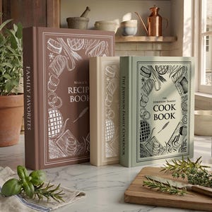May include: Three hardcover books standing upright, featuring a brown book titled Nina's Recipe Book, a beige book, and a light green book titled The Johnson Family Cook Book. Each cover displays white line art illustrations of various food items.