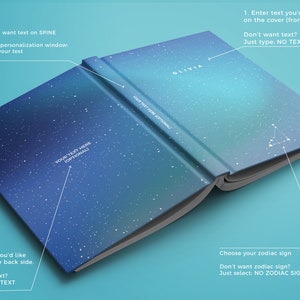 Op de afbeelding: Een blauw en wit notitieboek met een sterrenhemelontwerp. De omslag heeft de naam "Olivia" erop gedrukt. De achterkant heeft de tekst "YOUR TEXT HERE (OPTIONAL)". De rug heeft de tekst "NAME TEXT HERE (OPTIONAL)".