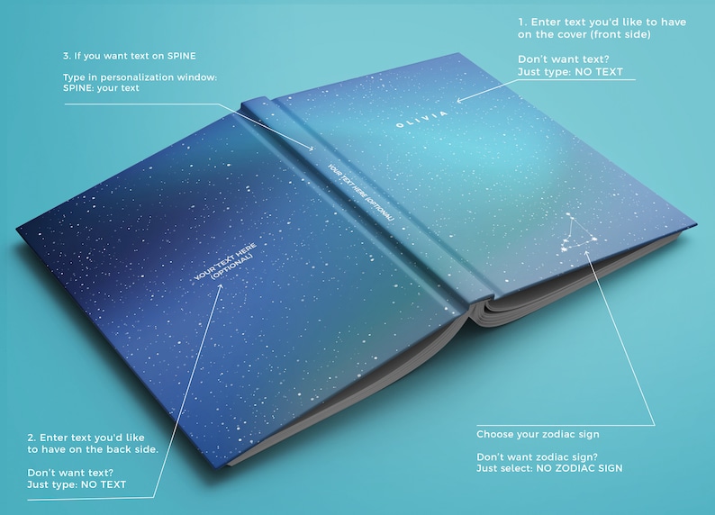 Op de afbeelding: Een blauw en wit notitieboek met een sterrenhemelontwerp. De omslag heeft de naam "Olivia" erop gedrukt. De achterkant heeft de tekst "YOUR TEXT HERE (OPTIONAL)". De rug heeft de tekst "NAME TEXT HERE (OPTIONAL)".