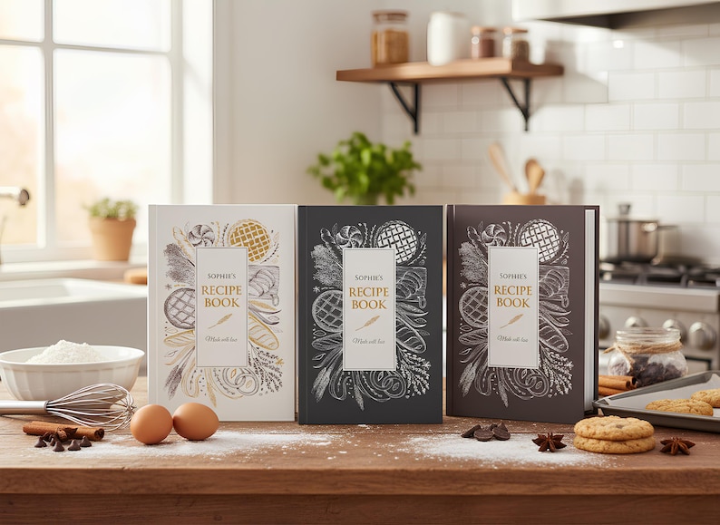 May include: Three hardcover recipe books titled Sophie's Recipe Book, Made with love, displayed in white, black, and dark brown. Each cover features intricate white and gold illustrations of wheat, baked goods, and kitchen ingredients.